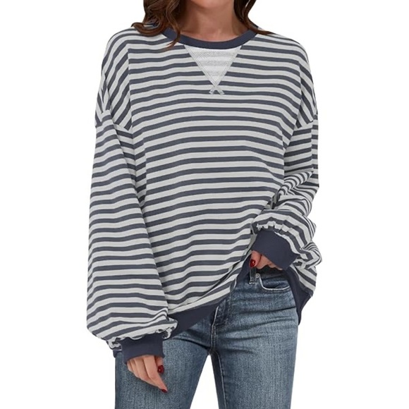 Tops - Striped Navy and Grey‎ Women's Sweatshirt Oversized Fit